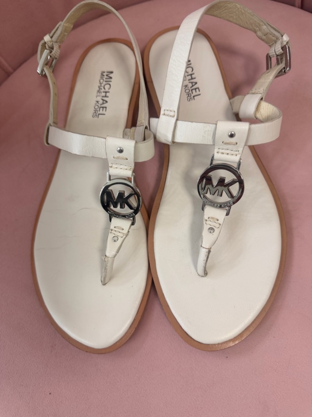 Michael Kors Cream/White Leather MK Logo T-Strap Sandals